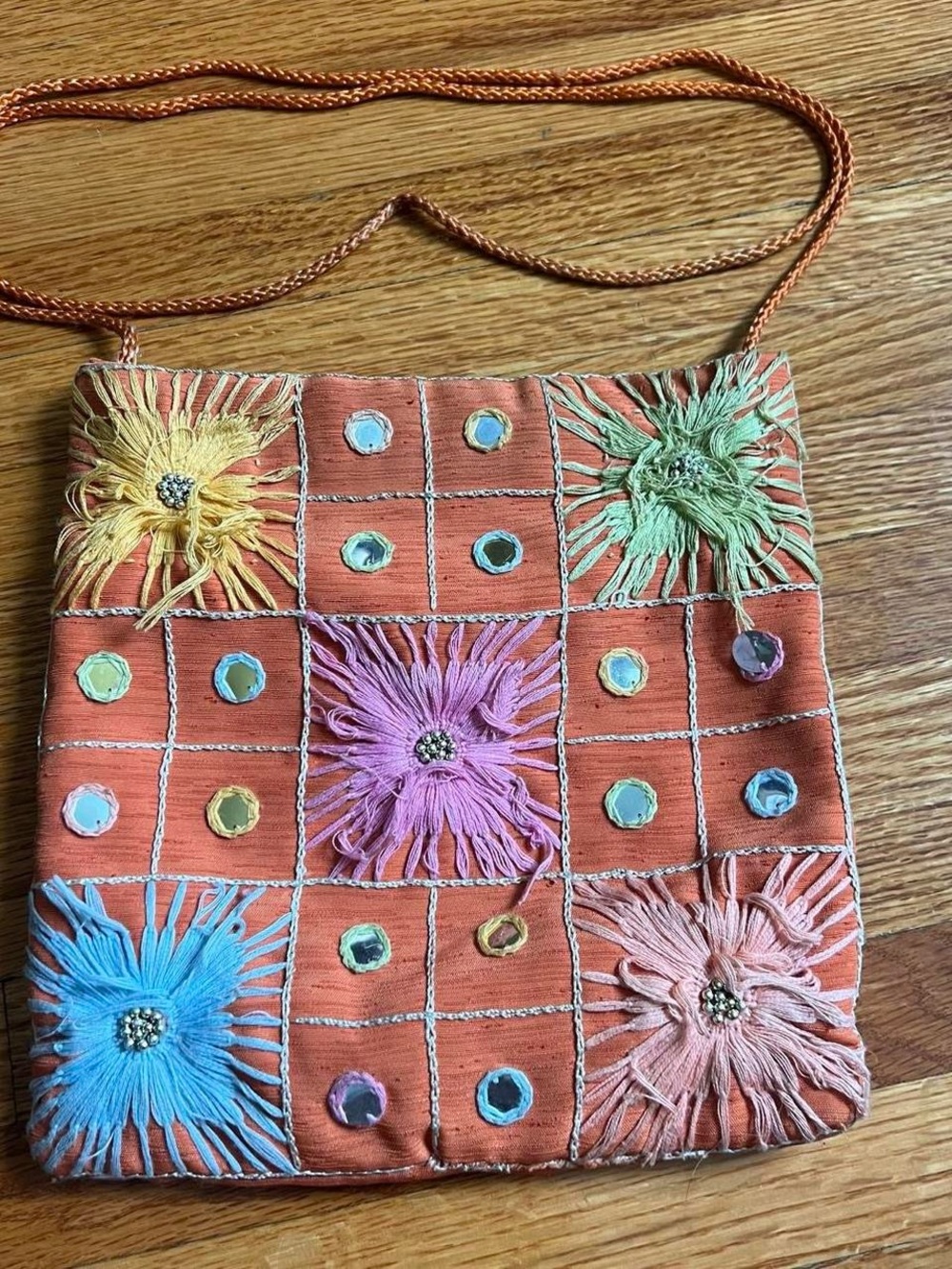 Vintage Boho Embroidered Floral Crossbody Bag - Orange Multicolor